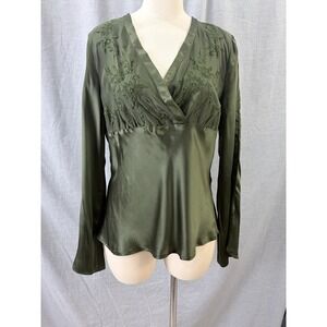 Allison Taylor Olive Silk Embroidered Wrap Blouse Witchy Romantic XL